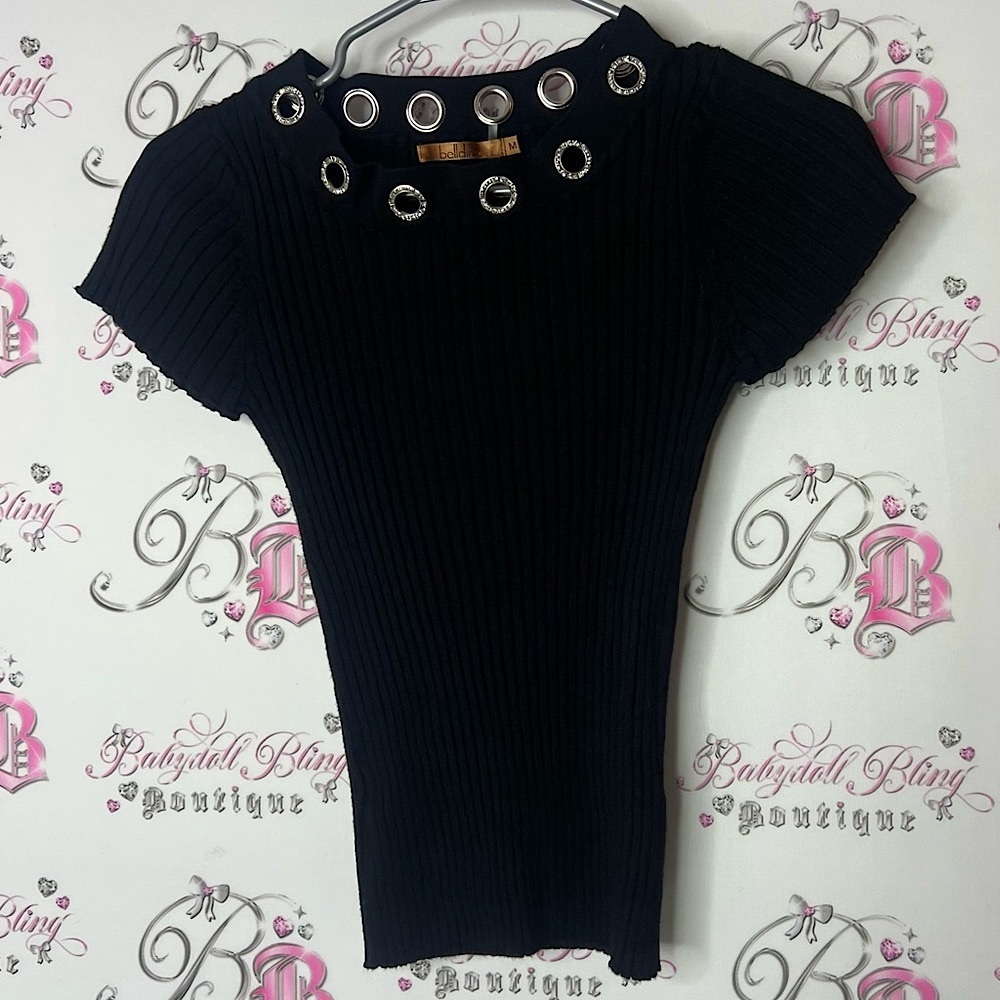 Belldini tshirt ribbed rhinestone detail metal Black Grommet Accent Blouse